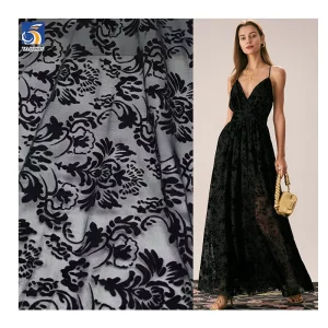 2024 Sexy Lingerie Custom Black Flocking Pattern Mesh Fabric 4-Way Stretch Power Mesh Fabric with Flocked