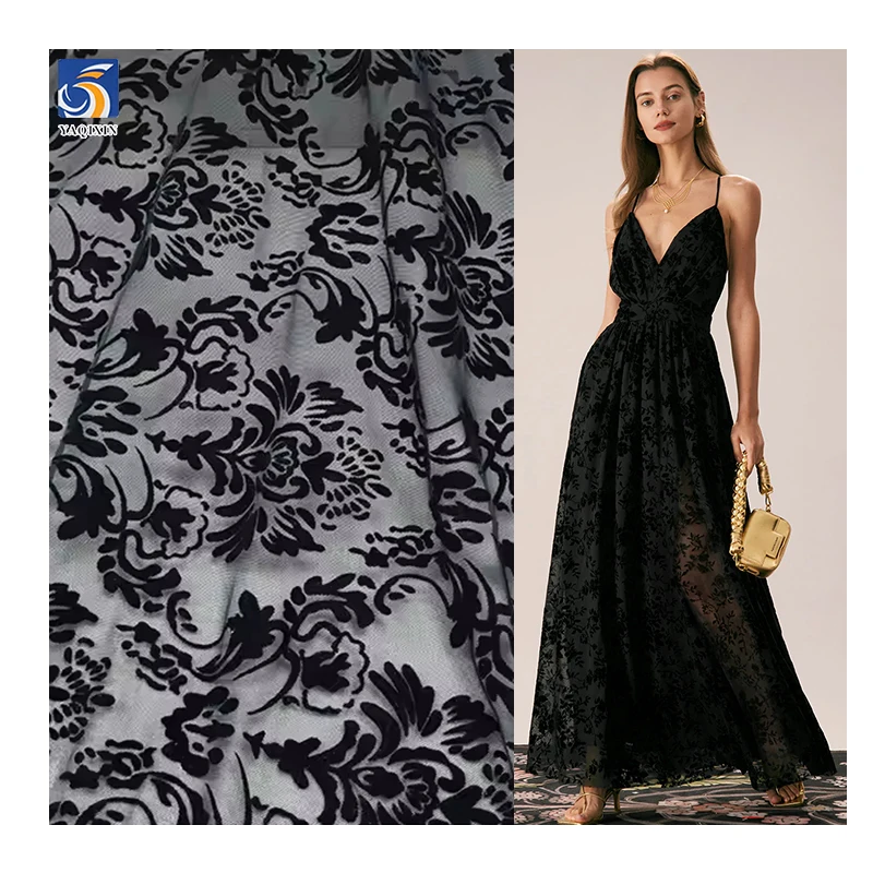 2024 Sexy Lingerie Custom Black Flocking Pattern Mesh Fabric 4-Way Stretch Power Mesh Fabric with Flocked