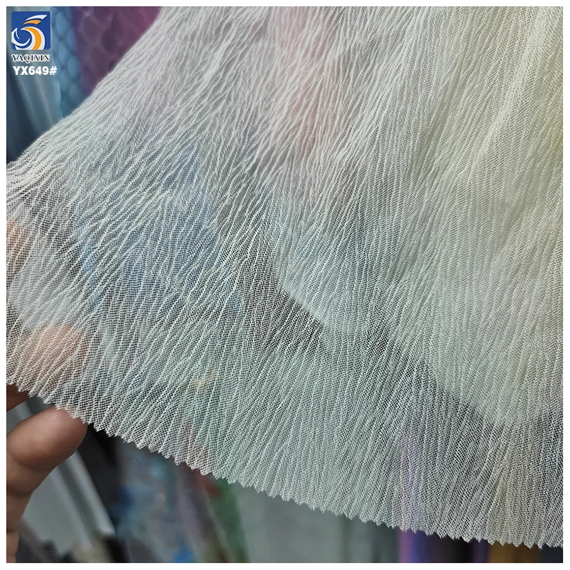 YX649 OEM Customized Colors Soft Breathable 60gsm 100 Polyester Ivory Tulle Mesh Wrinkle Crepe Fabric for Skirts - 图片 6