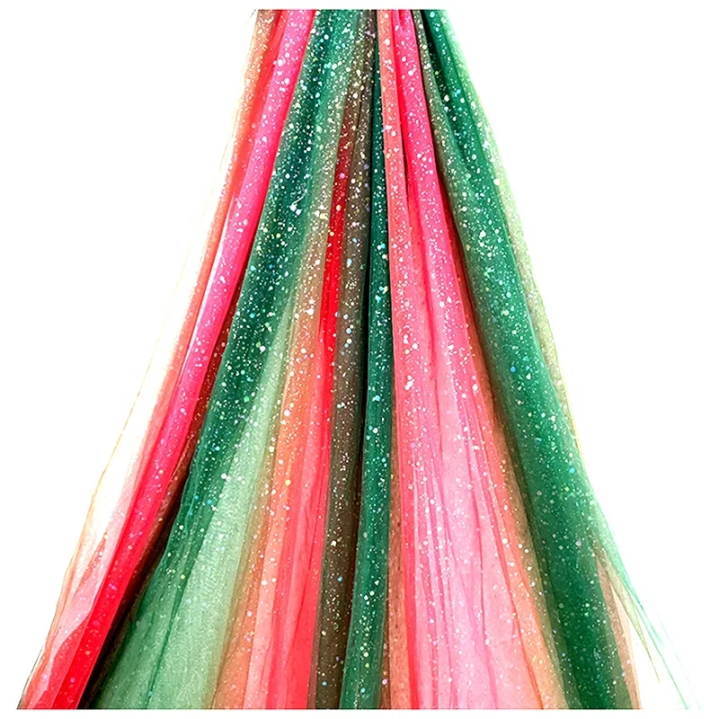 YX2003 2025 Fancy 100% Polyester Christmas Digital Print Tulle Evening Dress Fabric Rainbow Red Green Glitter Mesh Fabric