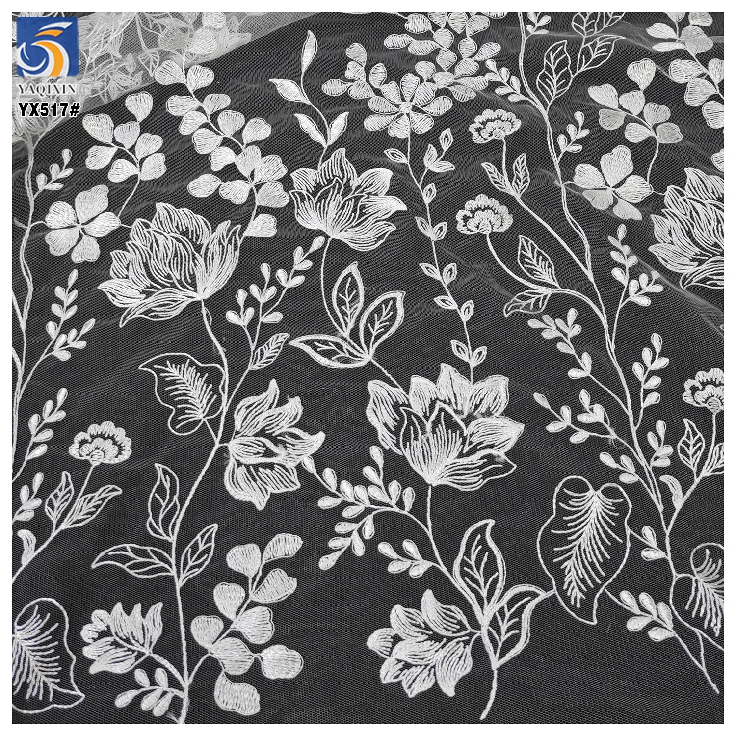 YX517 2025 China Factory Plain White Net Embroidered Flower Fabric Soft Tulle Lotus Flowers Embroidered White Fabric - 图片 5