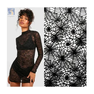 YX2274 Latest Dark Black Soft Polyester Spider Web Pattern Design Flocking Tulle Mesh Fabric for Halloween Hijab Headwear