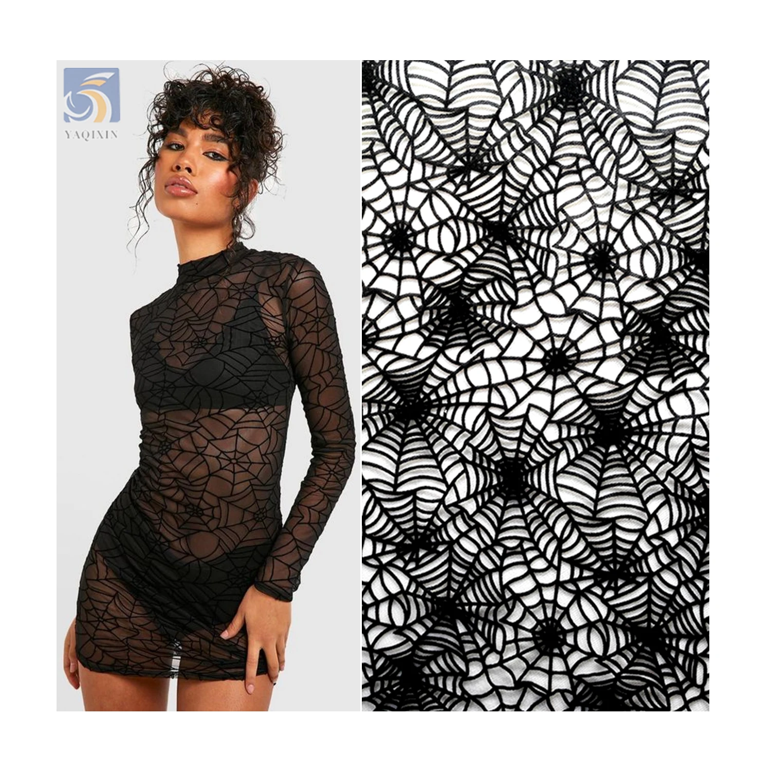 YX2274 Latest Dark Black Soft Polyester Spider Web Pattern Design Flocking Tulle Mesh Fabric for Halloween Hijab Headwear