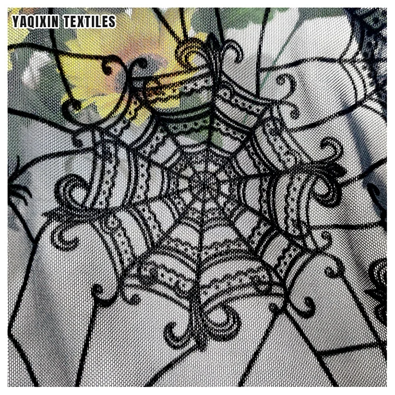 Yaqixin Spider Web Shape Design Black Flocked Stretch Mesh Lace Fabric 90 Nylon 10 Spandex Fabric 4Way Stretch - 图片 5