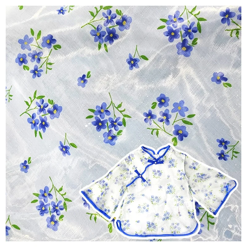 YX2038 Organza Digital Print Fashion Flower for Making Dress Silk Printed Lace Edged Organza Fabric