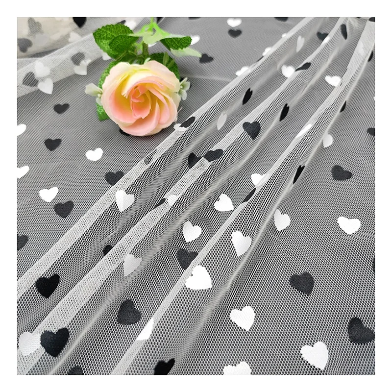 KT005 Black and White Two-Color Digital Printing Heart on 100%Polyester Tulle Mesh Net Fabric - 图片 4