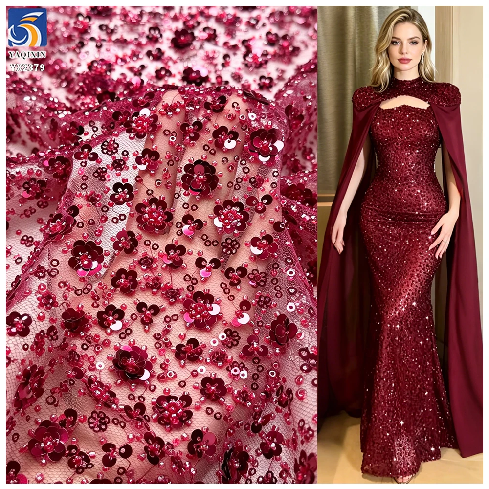 YX2379 Gold Beaded Sequin Mesh Embroidery Tulle Lace Fabric Polyester Floral Design 3mm Shiny Sequin Embroidery Fabric