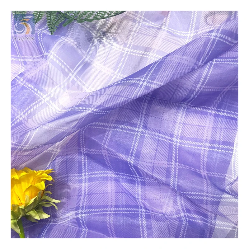 New Design Fashion Fabrics Check Printed Organza Fabric Glossy 100 Polyester Organza Printed Plaid Fabric - 图片 5