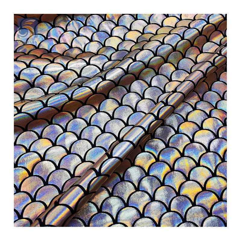 Foil Printed Glitter Fish Scale Pattern Stage Dress Shiny Stretch Fabric Novel Design Mermaid for Child Custom Spandex Fabric - 图片 4