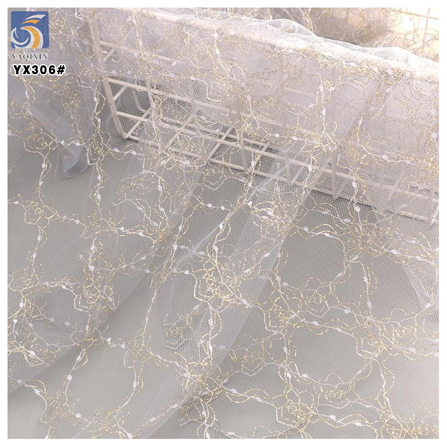 YX306 Wholesale Ready-made Gold and Silver Yarn Jacquard Mesh Fabric for Lace Decoration - 图片 6