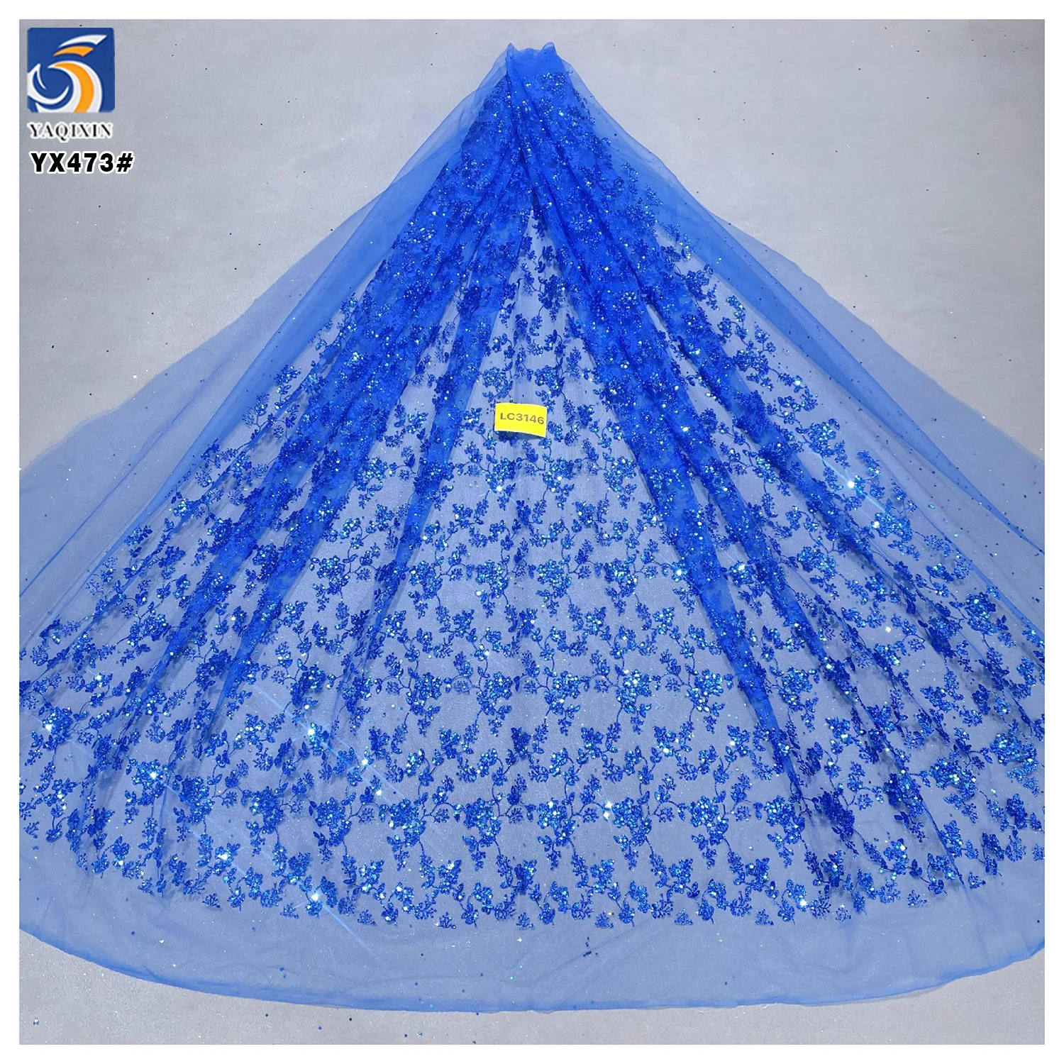 YX473 Noble Design Polyester Soft Mesh Tulle Fabric With Glitter Sequin Sapphire Blue Glitter French Tulle Fabric - 图片 3
