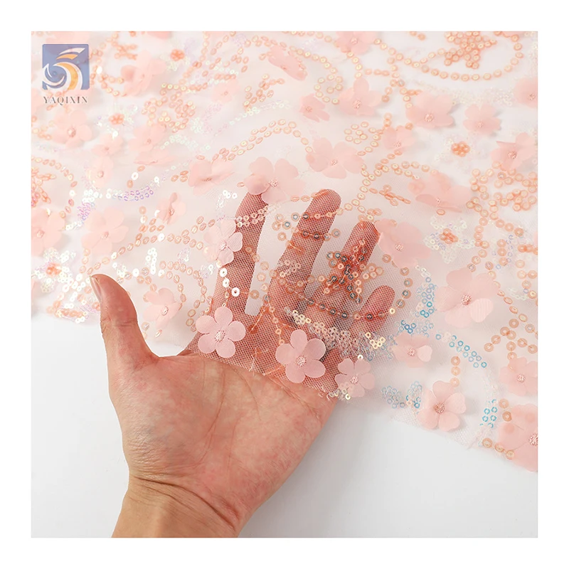 YX2730 2025 Latest Fashion Design Tulle Lace for Bridal Laser Embroidered 3D Flower Lace Fabric With Sequins - 图片 6