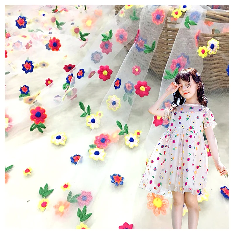 Hot Colorful 3D Floral Tulle Mesh Embroidered Fabric Lace Woman Dress Fabric Summer - 图片 3