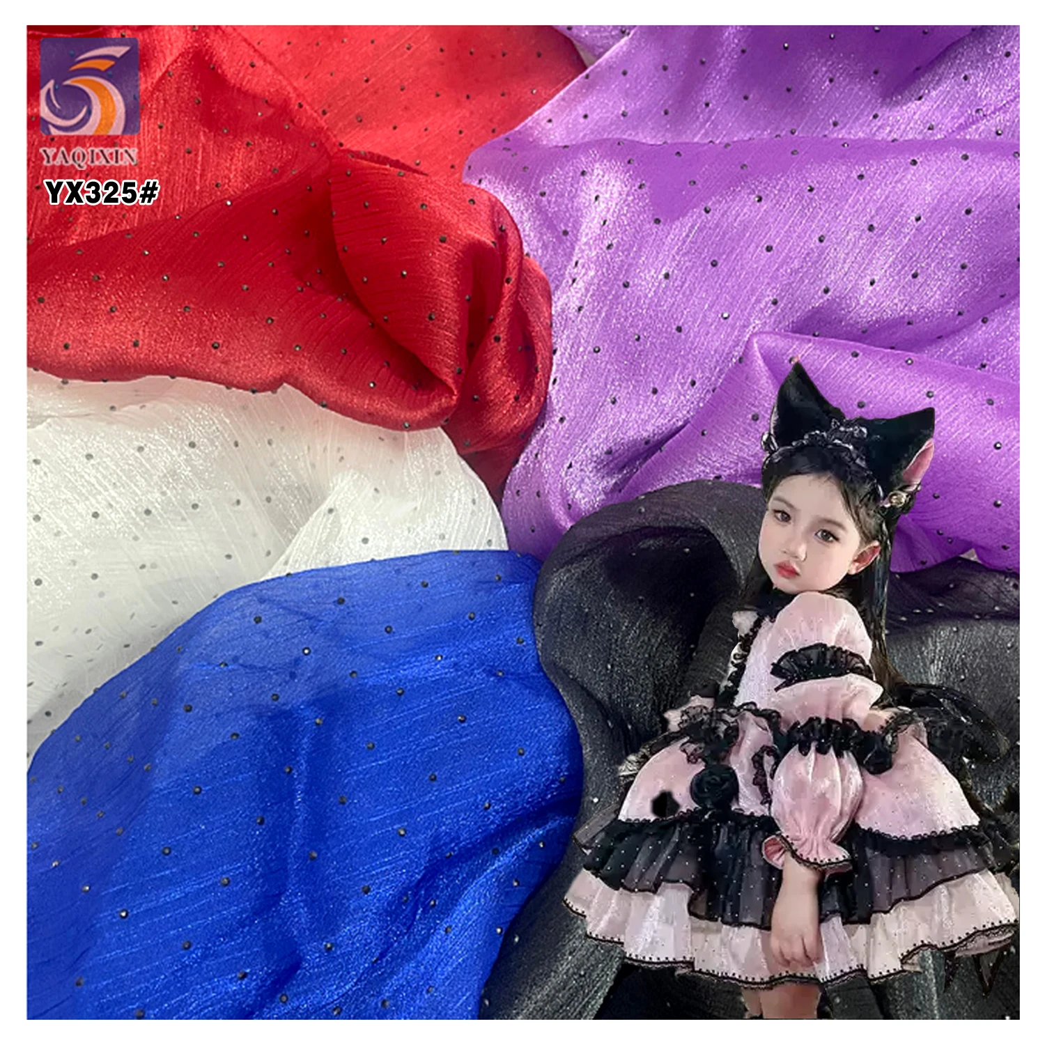 YX325 Purple Stage Costume Dresses Halloween Holiday Fabric Wrinkled Swiss Black Dot Organza Polyester Fabric