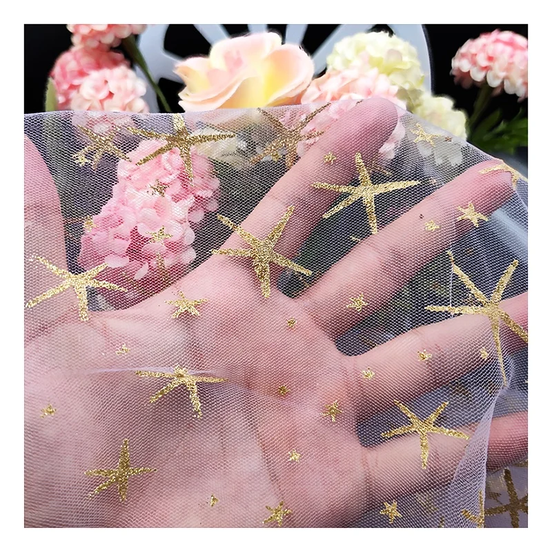 SG26 Customize Polyester Mesh Tulle Lace Fabric with Glitter Golden Star Tulle Baby Tutu Dress Lace Fabric - 图片 6