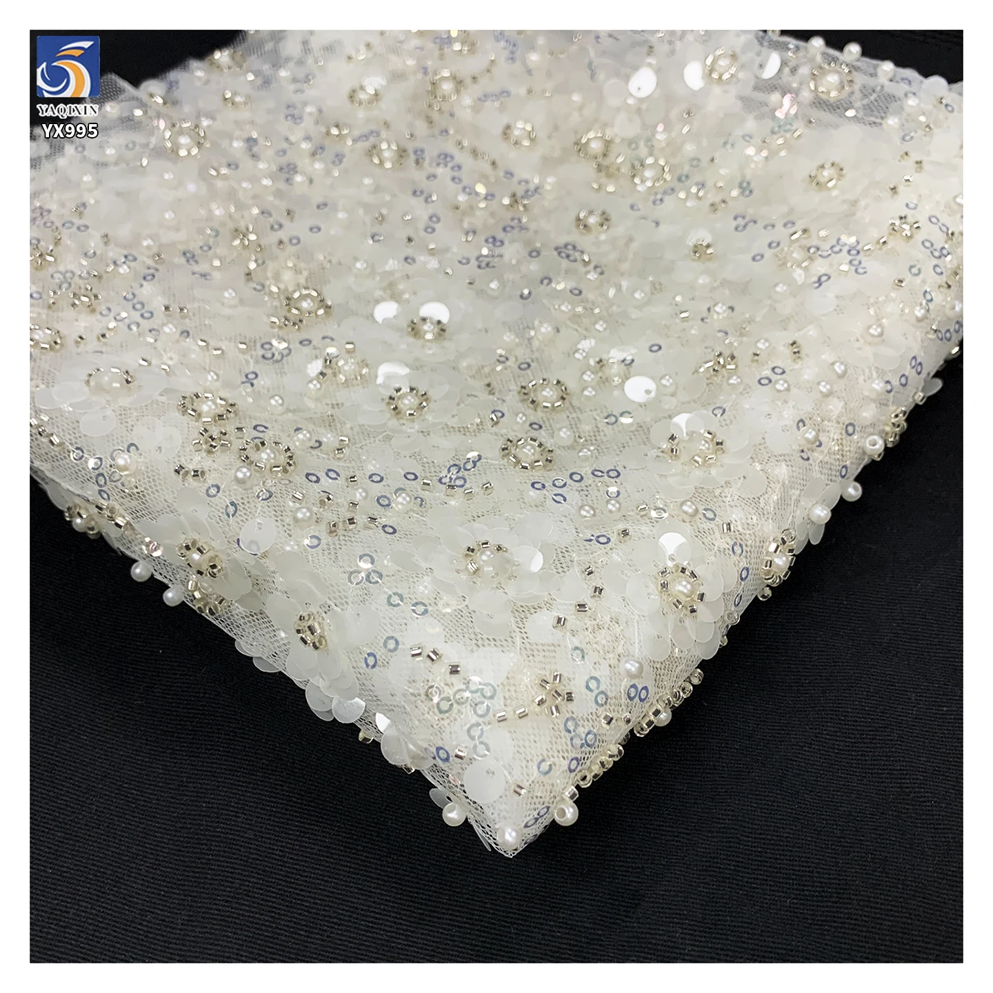 YX995 Ceramic White Sequins Lace Fabric for French Wedding Heavy-duty High-quality Florals Sequin Embroidery Lace Fabric - 图片 5