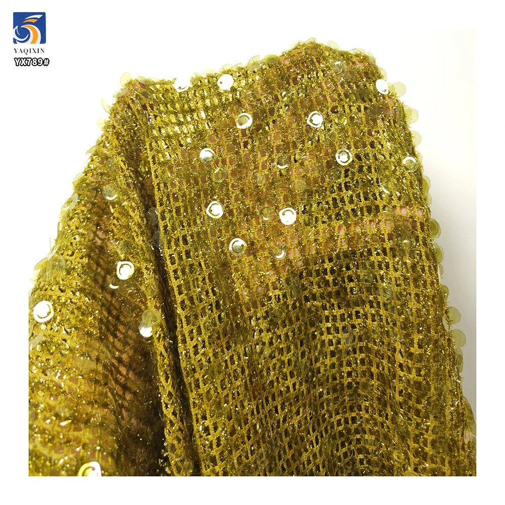 YX789 Custom Stretch Golden Sequin Embroidered Fabric Mesh Metallic Dot Knitting Sequin Stretch Fabric for Dresses - 图片 5