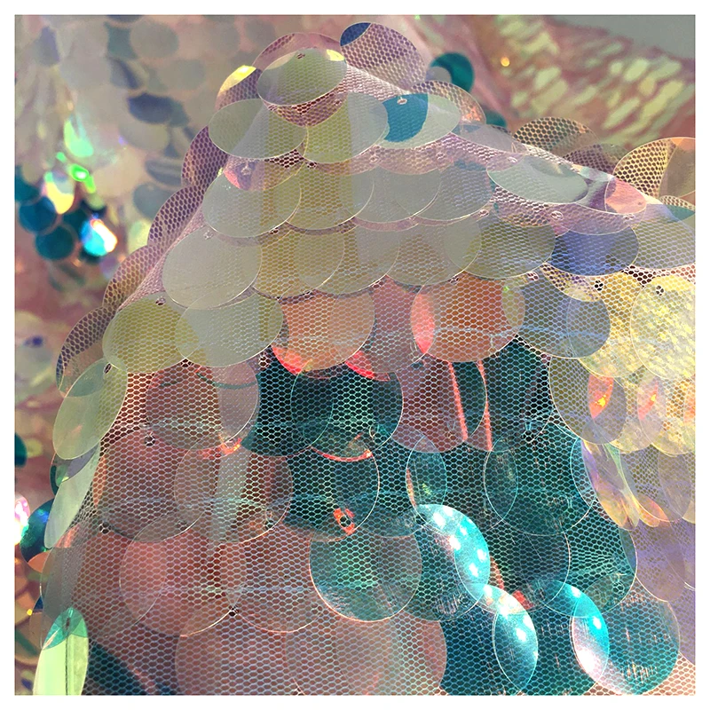 LPM006 18MM Clear Shiny Iridescent Large Paillette Sequin Fabric Fashion Colorful Fish Scale Mermaid Sequin Fabric - 图片 6