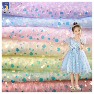 YX557 2025 New Design Multi-Color Polyester Embroidery Mesh Sequin Fabric Transparent Sequins 9 mm 5 mm Fabric