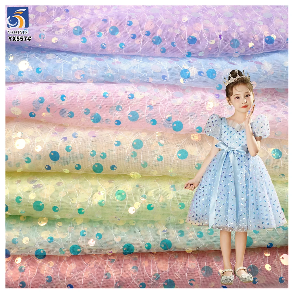 YX557 2025 New Design Multi-Color Polyester Embroidery Mesh Sequin Fabric Transparent Sequins 9 mm 5 mm Fabric