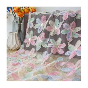 YX717 2025 Latest 3D Flowers Embroidery Fabric With Sequins Mesh Gradient Color Knitted Tricot Tulle Fabric for Skirts