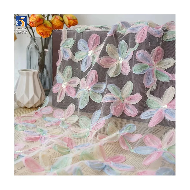 YX717 2025 Latest 3D Flowers Embroidery Fabric With Sequins Mesh Gradient Color Knitted Tricot Tulle Fabric for Skirts