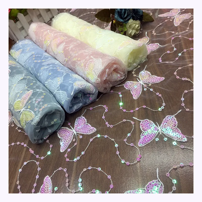 DX08 Custom Polyester Soft Tulle Mesh Butterfly Fabric Dress Embroidery Shiny Sequin Butterfly Tulle Netting Fabric - 图片 5