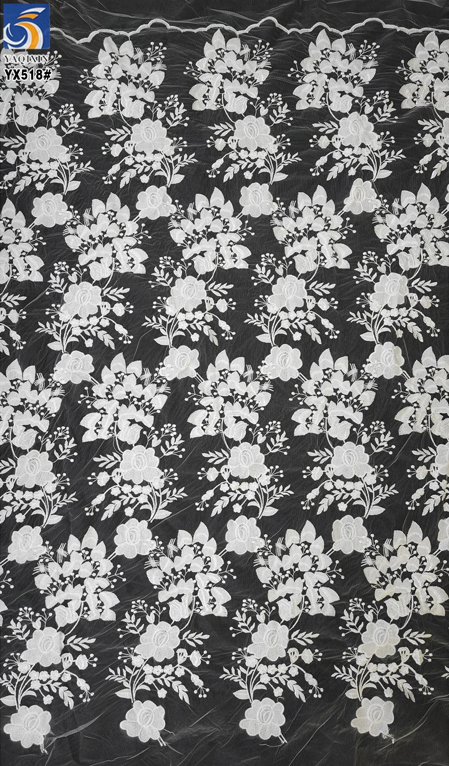 YX518 2025 New Design Custom 100% Polyester Soft Pure White Flowers Tulle Embroidery Bridal Fabric - 图片 4
