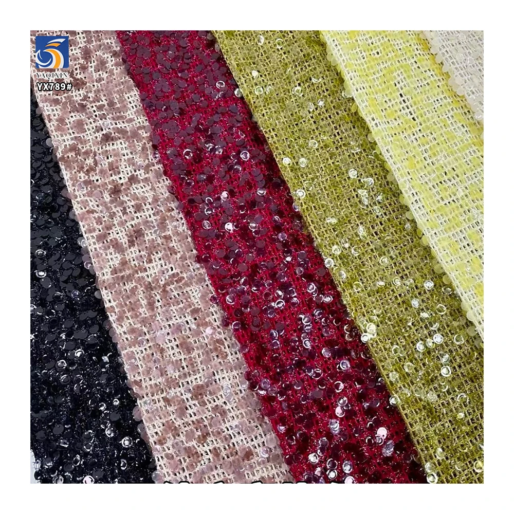 YX789 Custom Stretch Golden Sequin Embroidered Fabric Mesh Metallic Dot Knitting Sequin Stretch Fabric for Dresses - 图片 3