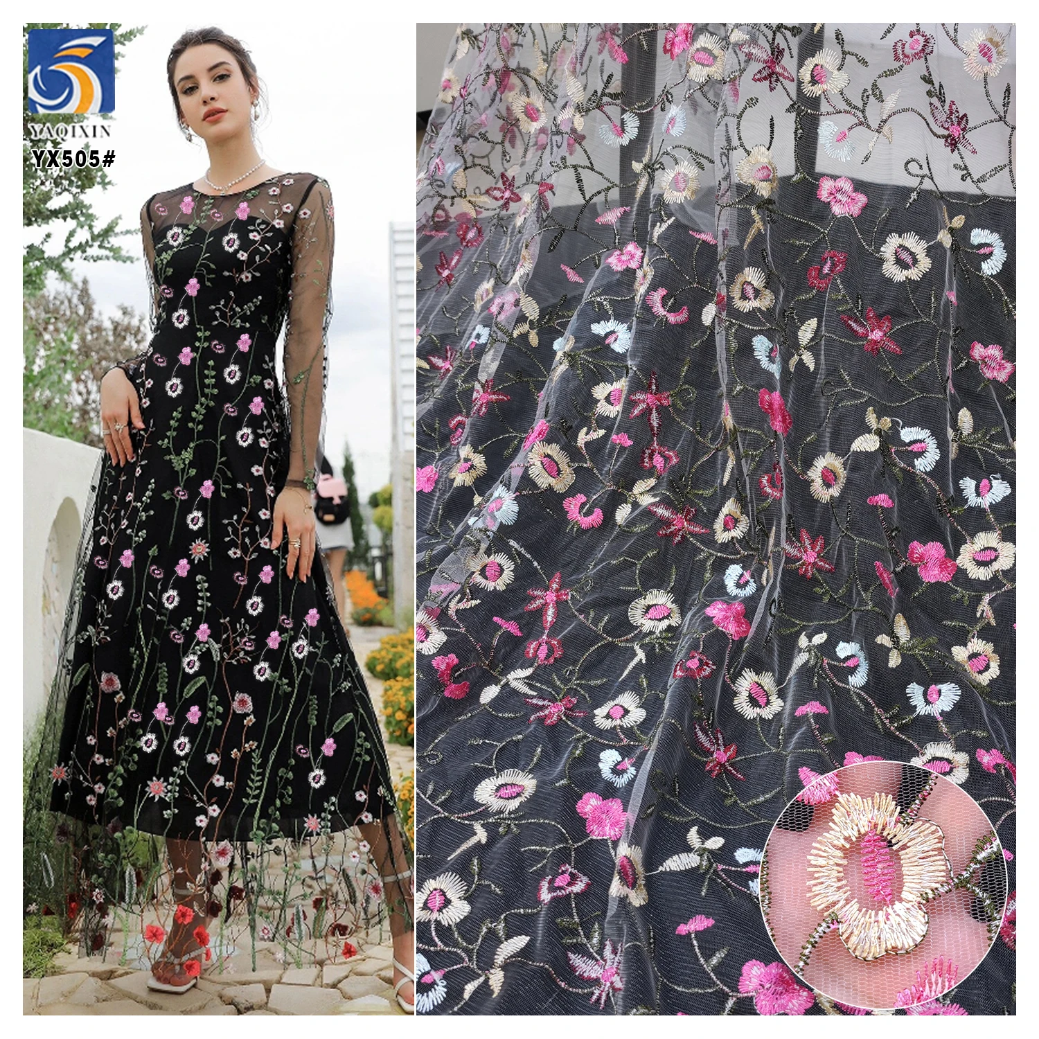 YX505 New Design Pink White Floral Polyester Mesh Colorful Embroidery Tulle Fabric