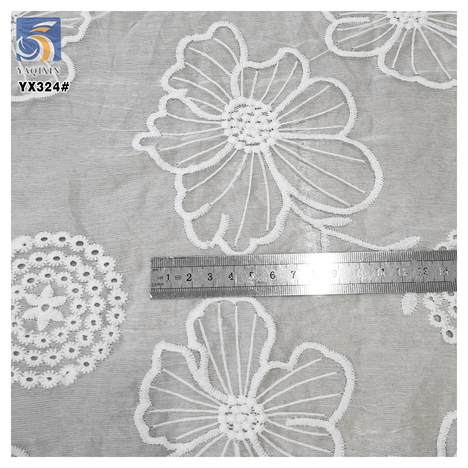 YX324 Wholesale Handmade Hollow Polyester Chiffon Embroidered Lace Fabric Floral White Embroidered Chiffon Fabric - 图片 3