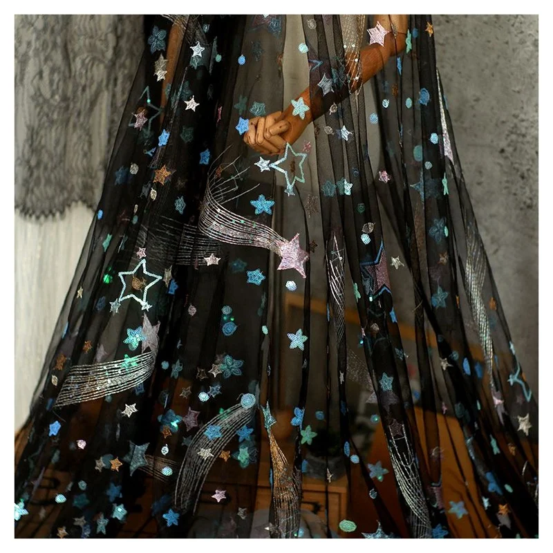 Colorful Five Star Sequin Embroidery Tulle Fabric Sparkly Diy Children's Clothing Embroidery Lace Fabric Baby Fabric - 图片 5