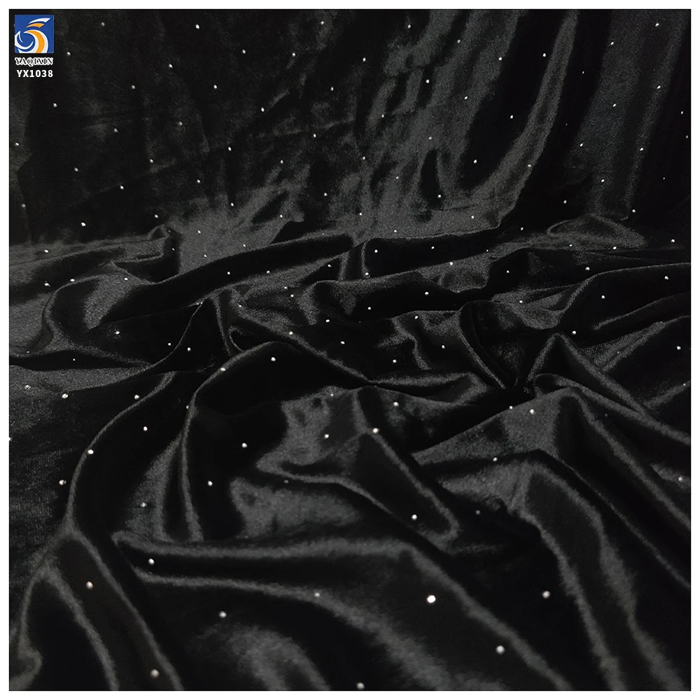 YX1038 180gsm High Quality Spandex Stretch Velvet Knitted Fabric Black With 3D Diamonds Stone Elastic Evening Dress Fabric - 图片 5