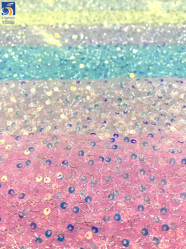 YX824 New Summer Design Silver Thread Double Layer Mesh 6mm Transparent Embroidered Sequins Fabric for Wedding Dress - 图片 5