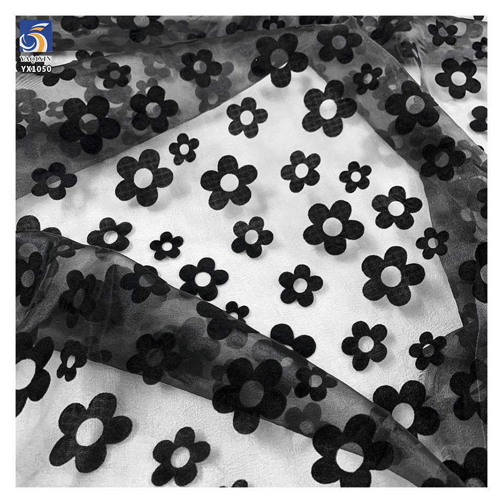 New Arrivals Flocking Black Floral Fabric Sheer Organza Fabric for Making Kids Dress - 图片 2