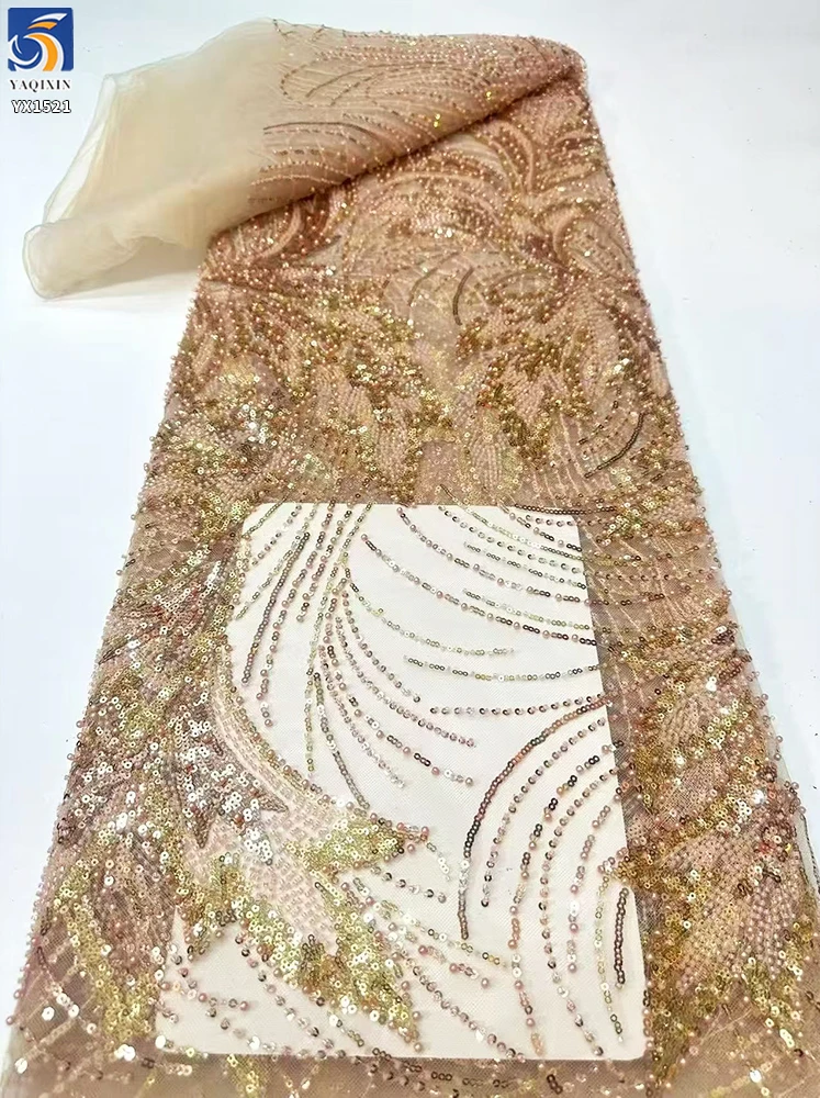 YX1521 300gsm White Bridal Mesh Fabric With Purple Gold Leaf Beaded Embroidery Lace Fabric for Couture Dress - 图片 3