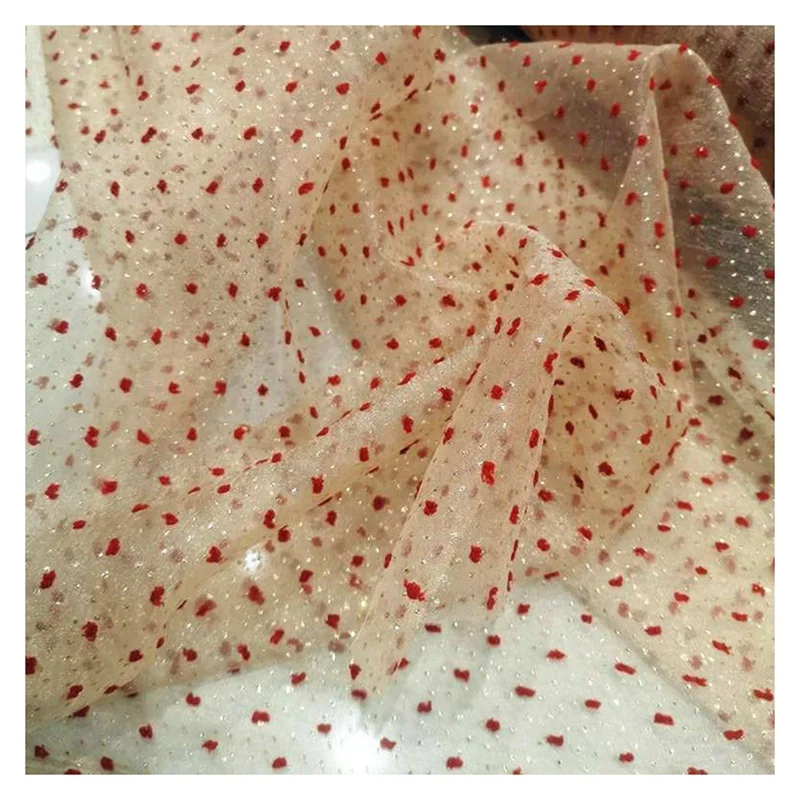 YS-13 Red Wine Swiss Dot Jacquard Bubble Seersucker Organza Fabric With Golden Sparkle Design Prom Dress Fabric - 图片 4