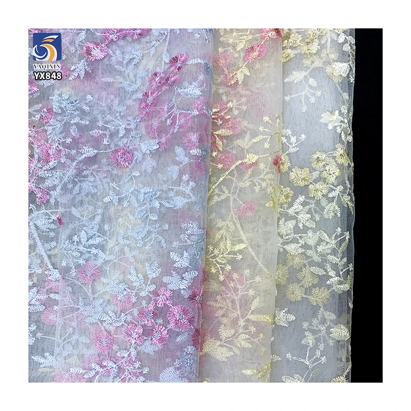 YX695 Ready-To-Stock Wholesale Embroidery Mesh 100% Polyester Pink Florals Embroidery Tulle Fabric for Girls Skirt Making - 图片 6