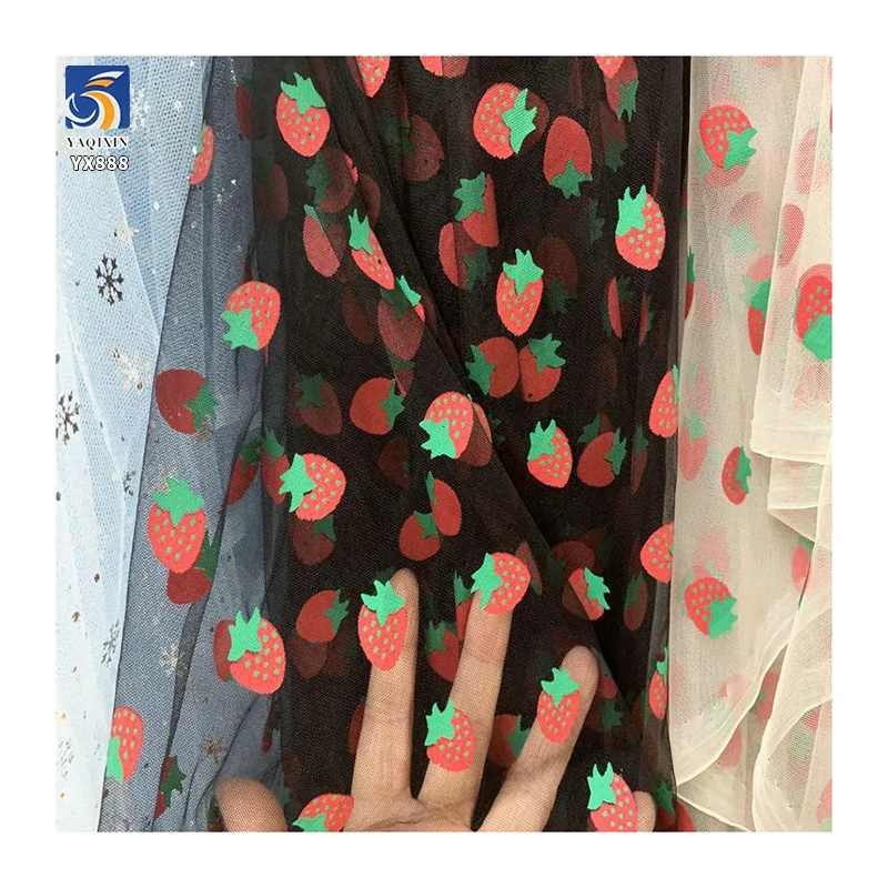 YX888 Summer Fruit Strawberry Print Fabric Polyester Tulle Mesh Strawberry Fabric for Clothing Skirt Little Girls 5 Yards - 图片 3