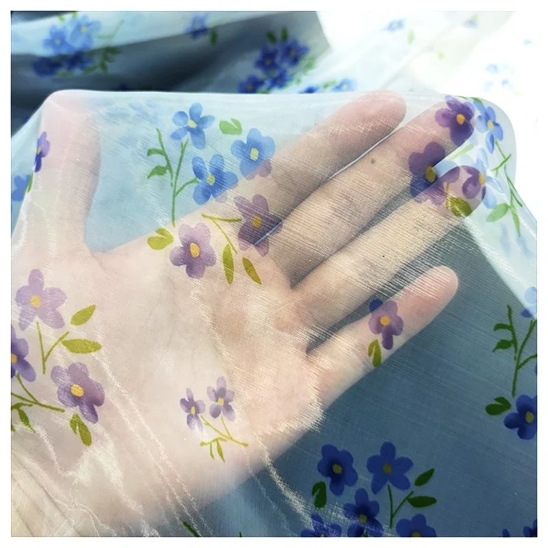 YX2038 Organza Digital Print Fashion Flower for Making Dress Silk Printed Lace Edged Organza Fabric - 图片 3