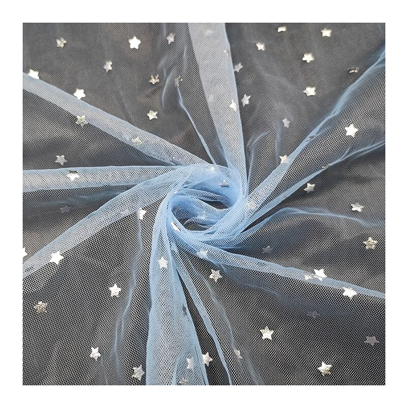 KT14 Sky Blue Soft Polyester Mesh Fabric Tulle with Silver Star Printing Tulle Netting Fabric for Girl's Dress - 图片 4