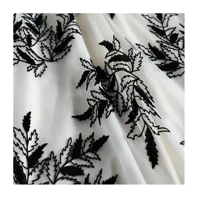 Fashion Design Soft Sheer Crepe Printed Pleated Tulle Fabric Leaf Pattern Flocking With Mesh Woven for Weddings Curtains Girls - 图片 4