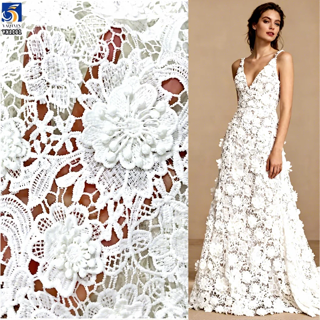 YX1161 2026 Embroidered Lace Fabric Water Soluble 100 Polyester Net 3D Florals Luxury Lace Fabric White for Clothes