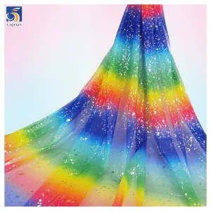YX2105 Ecofriendly Soft Elastic Tulle Fabric Gradient Ombre 2 Way Stretch Rainbow Digital Print Tulle Mesh Fabric Textile