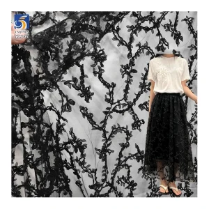 YX805 2025 New Arrivals 100 Polyester Knitted Swiss Mesh Milk Silk Lace Black Fabric Embroidery Floral Leaves Mesh Fabric