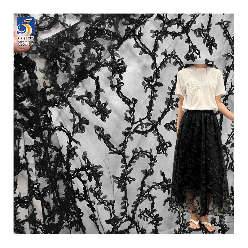 YX805 2025 New Arrivals 100 Polyester Knitted Swiss Mesh Milk Silk Lace Black Fabric Embroidery Floral Leaves Mesh Fabric