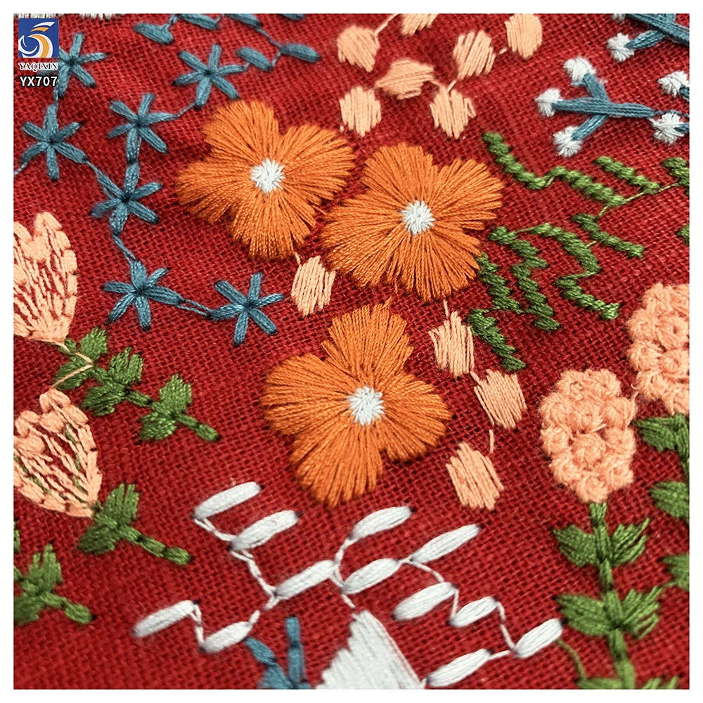 YX707 French Fashion Colorful Florals Embroidery Cotton Fabric 250gsm Ramie Cotton Embroidery Fabric for Home Textile - 图片 2