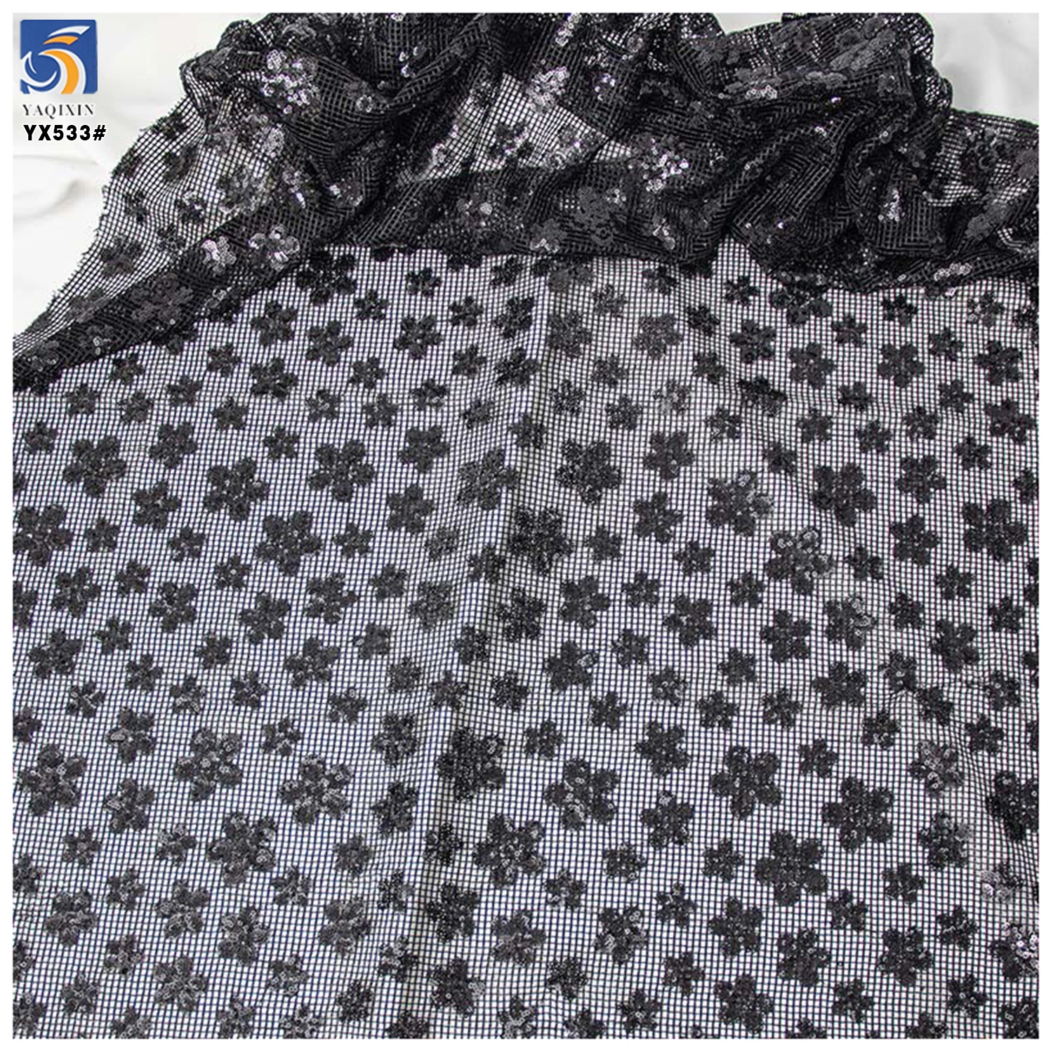 YX533 Black Sequin Lace Fabric Checkered Net Mesh Floral Design Sequined Lace Fabric for Dresses - 图片 3