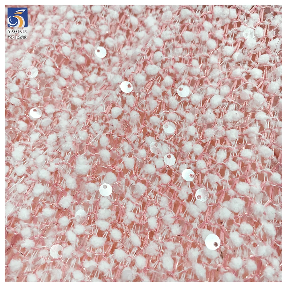 YX1420 Winter 100% Polyester White Pom-Pom Lace Jacquard Fabric With Embroidered 5mm Sequin for Women's Dress - 图片 6