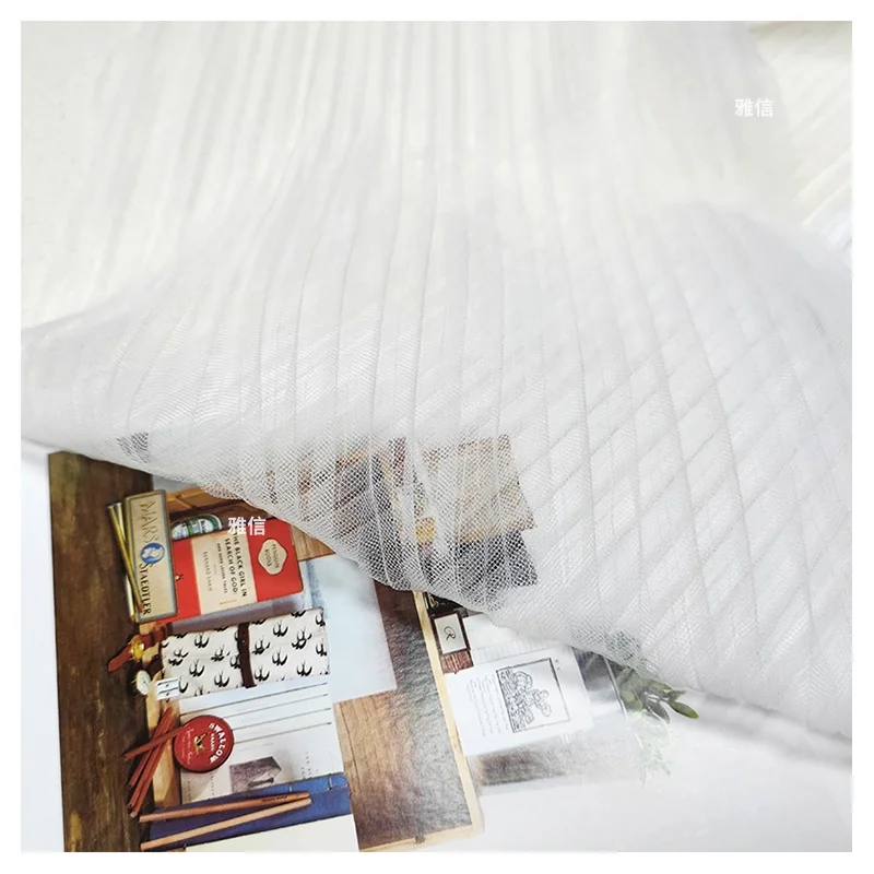 Good Price Polyester Pleated Elastic Wrinkle Pure White Tulle Mesh Fabrics for Clothing Wedding Dress - 图片 3